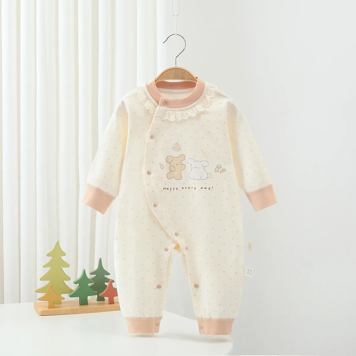 Baby Girl Princess Romper Lace Collar Long Sleeve Onesie Soft Cotton Side Snaps Newborn Infant Jumpsuit Spring Autumn 6-18M