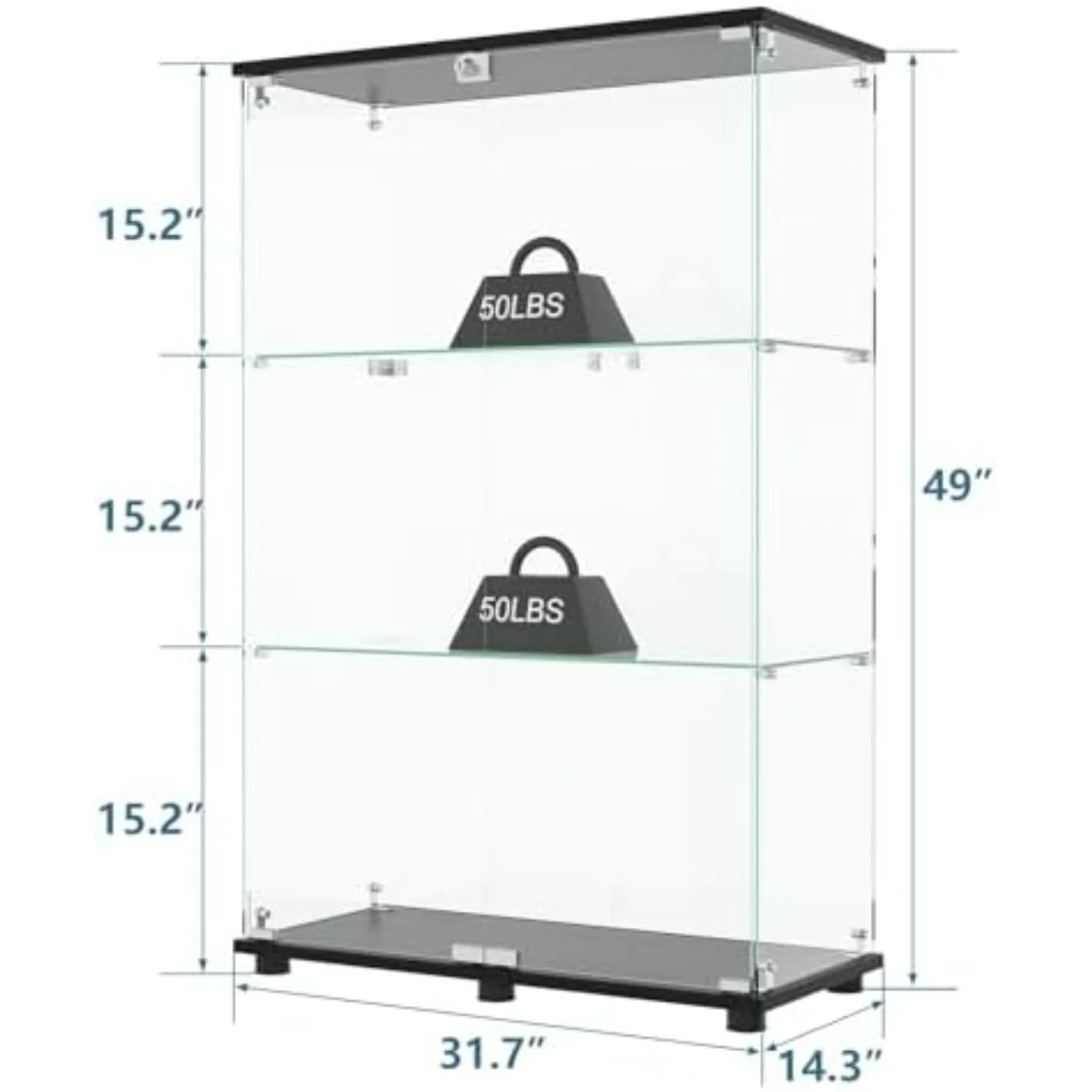 Glass Display Cabinet with 3-Shelf Double Doors and Lock, Curio Cabinet 5mm Tempered Glass Floor Standing Bookshelf for