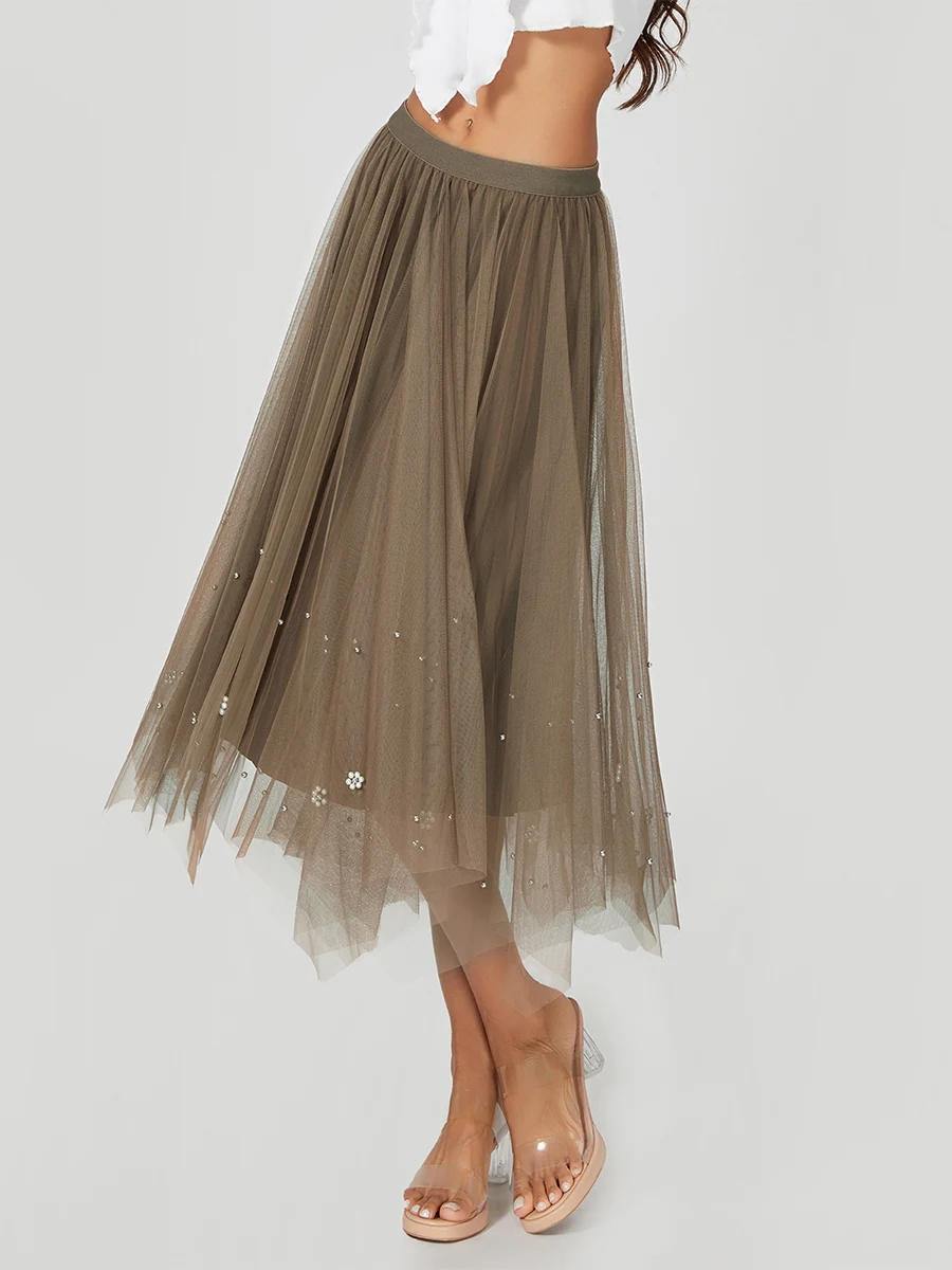 

Women s Floral Embroidered High Waist Midi Skirt with Elastic Waistband and Flowy A-line Silhouette for Spring and Fall Casual