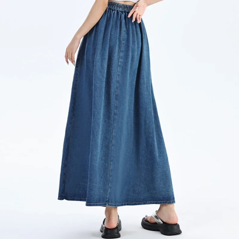 Women High Waist Fashion Loose Denim Skirt Girls Long Pleated A Line Dress Female Elegant Deep Blue Light Blue Skirts Large Size