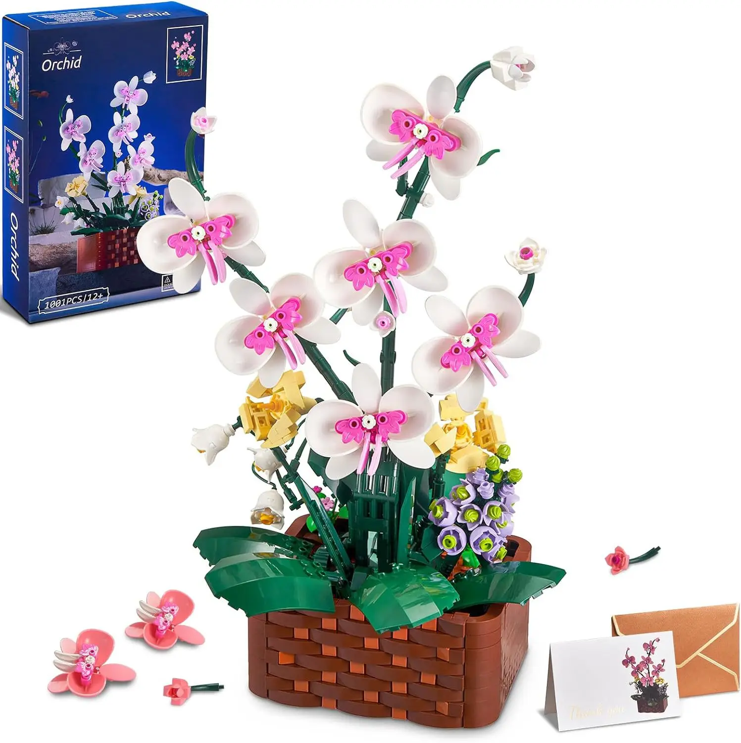 Blocchi da costruzione con fiori di orchidea - Set di fioriera per orchidee fai-da-te, arredamento da scrivania educativo per divertimento creativo delle ragazze