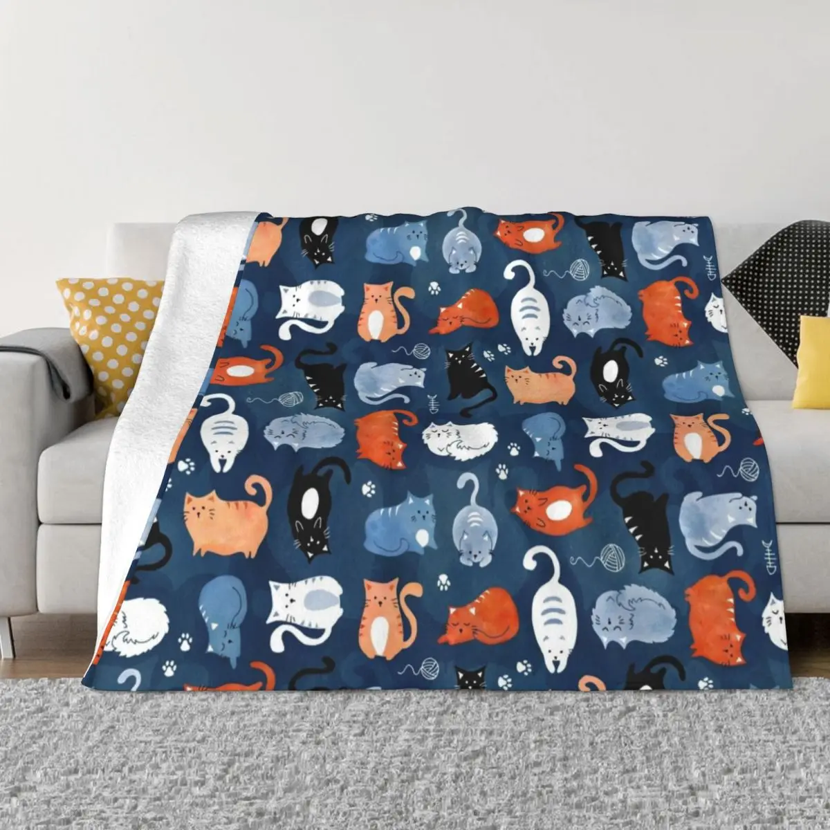 Playful cat pattern in orange and blue watercolor Throw Blanket Flannel Fabric Summer Blanket