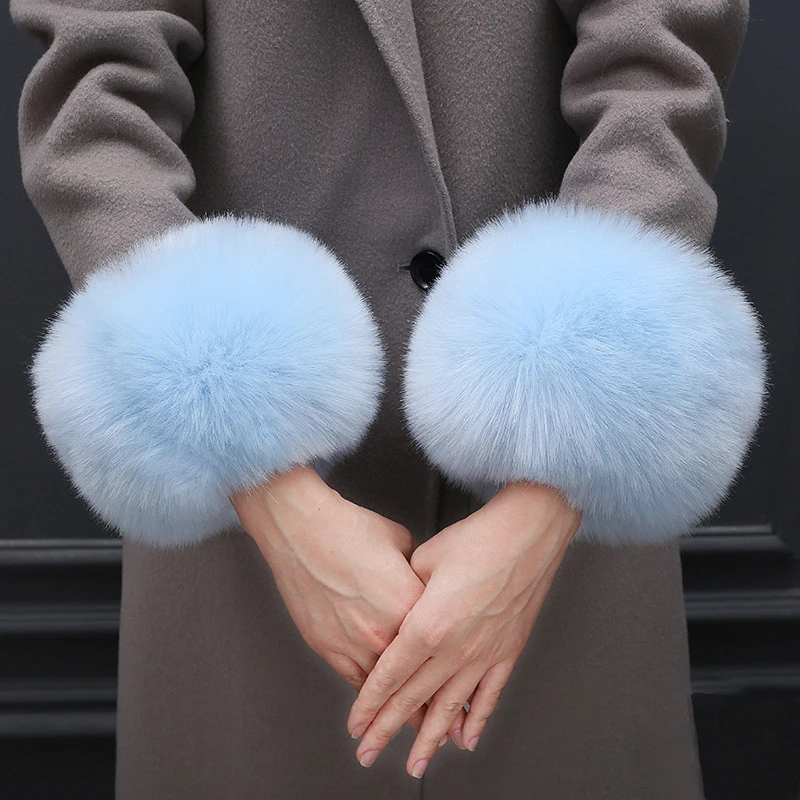 2 pcs Women Faux Fox Fur Cuffs Wristband Winter Warmer Arm Wrist Raccoon Fur Sleeve Gloves Cuff Warmer