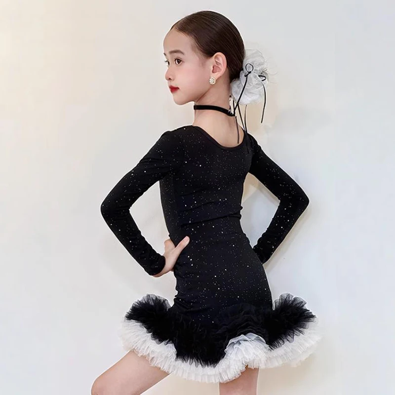 

Latin Dance Costume Long Sleeve Bodysuit Chiffon Skirts for Kids Girls Rumba Performance Practice Ballroom Competition Dresses