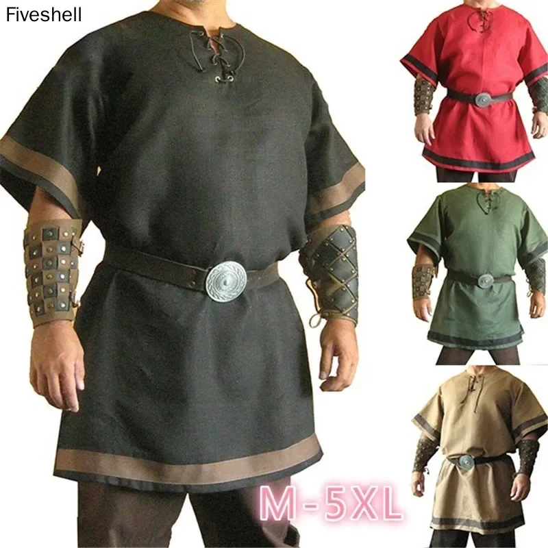 Disfraz Medieval de talla grande para hombre, camisas de Cosplay de guerrero de manga corta para hombre, camisa de caballero propietario sin cinturón