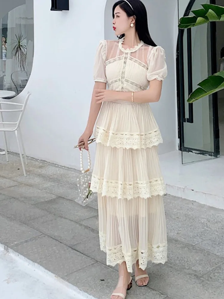 SMTHMA 2024 New Arrival Beige Lace Long Dress High Qulity Luxury Design Runway Dress Short Sleeve Ruffle Summer Dresses Vestidos