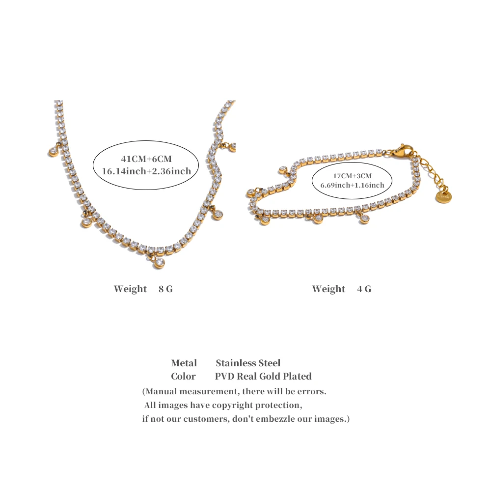 Yhpup Luxury Shiny Cubic Zirconia Chain Necklace Bracelet Set Stainless Steel High-Grade Shiny Premium Jewelry Delicate Gift