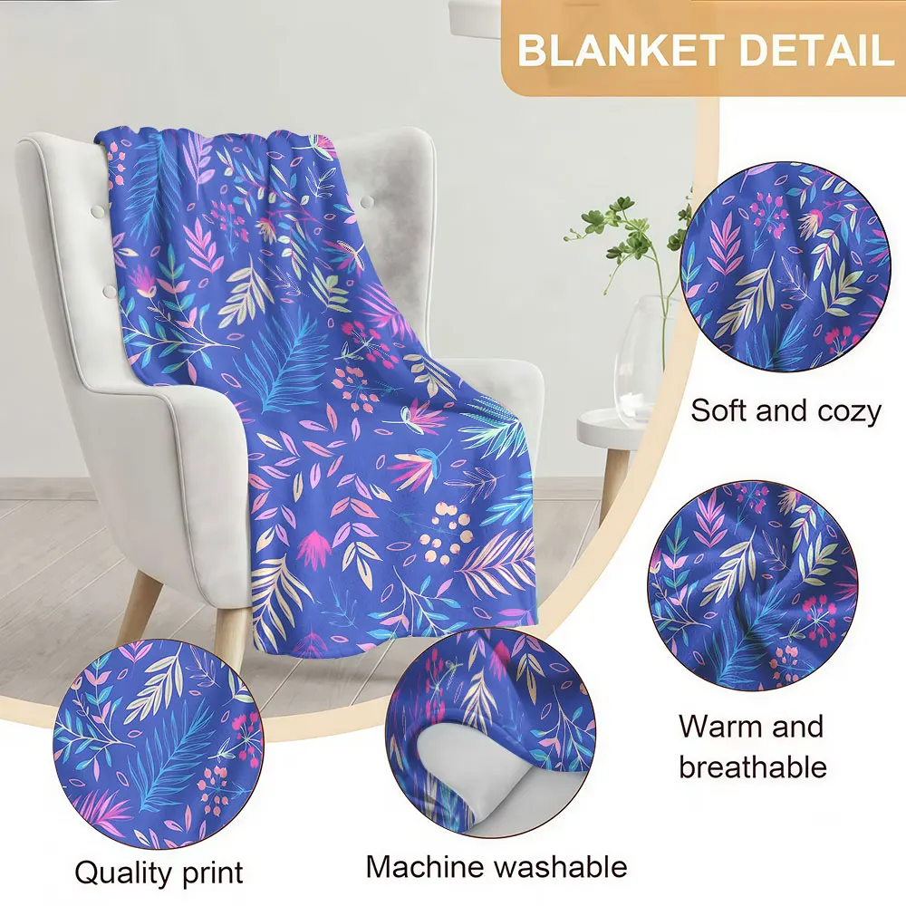 Bright Blue Tropical Foliage Soft Warm Flannel Blanket Lightweight Cozy Christmas Halloween Home Decor Room