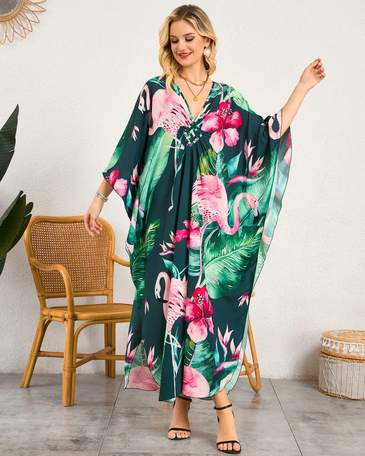 

Women Kaftan Dresses Plus Size V-Neck Batwing Sleeves Beach Cover Up 2026 Summer Floral Print Caftan Dress