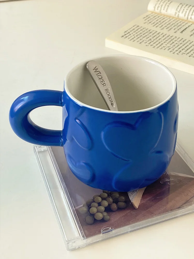 500ml Blue Heart Pattern Mug Large Capacity Ceramic Water Cup Milk Cup Premium Coffee Cup Home Use Simple Style Mug