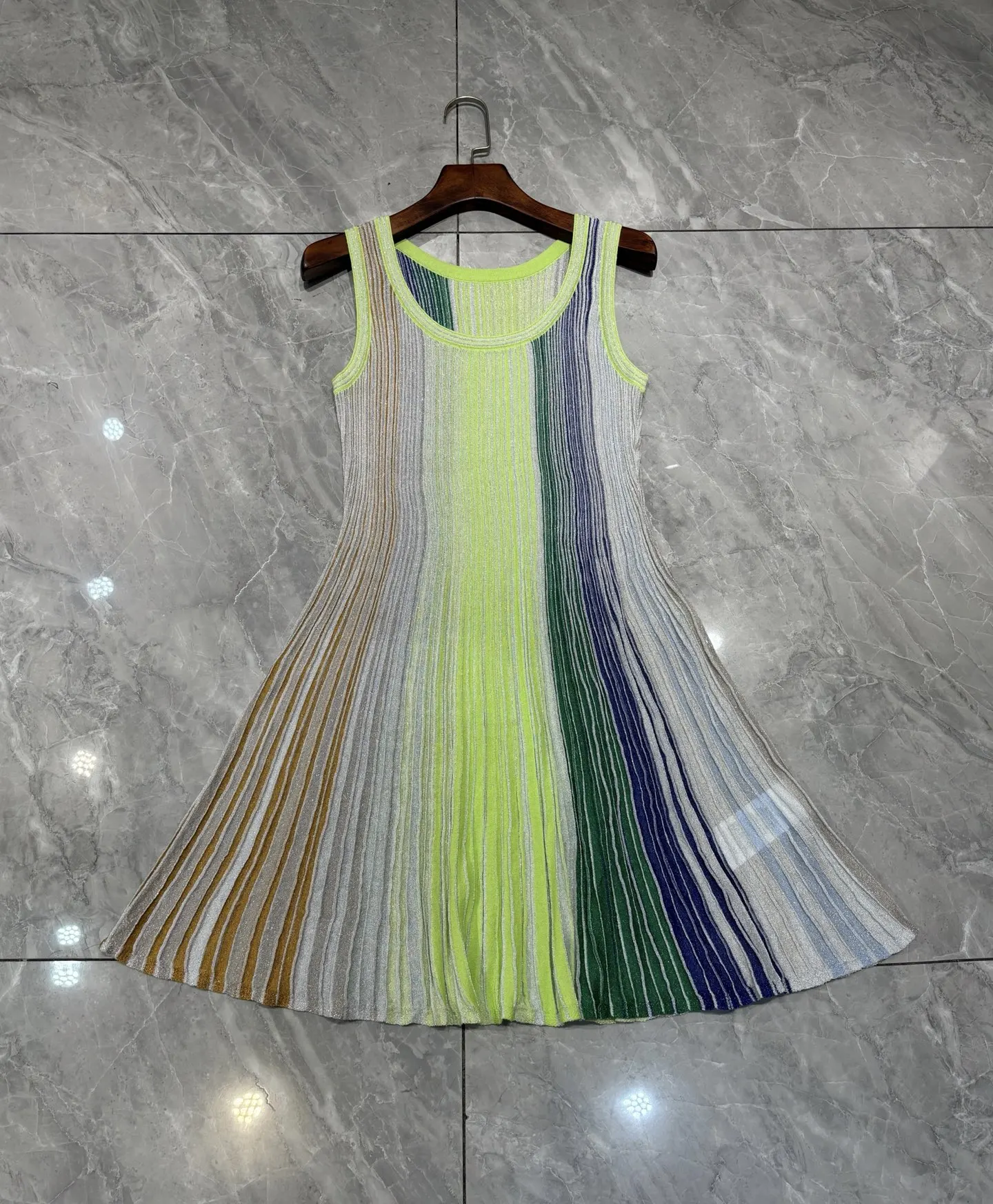 

Women's Round Neck Sequined Multicolor Striped Sleeveless Mini Strap Knit Vest Dress