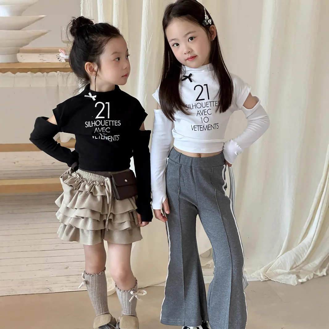 Girls Autumn Korean Letter Slim Fit T-shirt Children Sweet and Spicy Short Sleeved Patchwork Half Sleeved Short Top