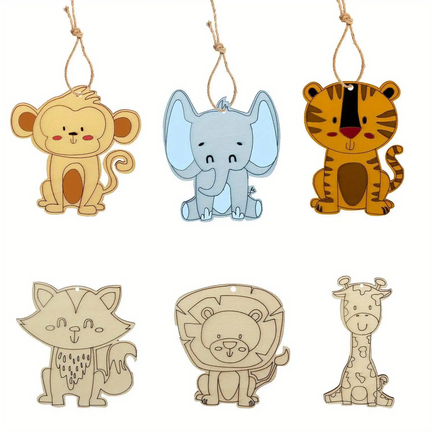 18 Stücke Wildes Tier Holzhandwerk Cartoon Affe/Tiger/Löwe DIY Malerei Hängende Anhänger Für Alles Gute Zum Geburtstag Party Dekorationen