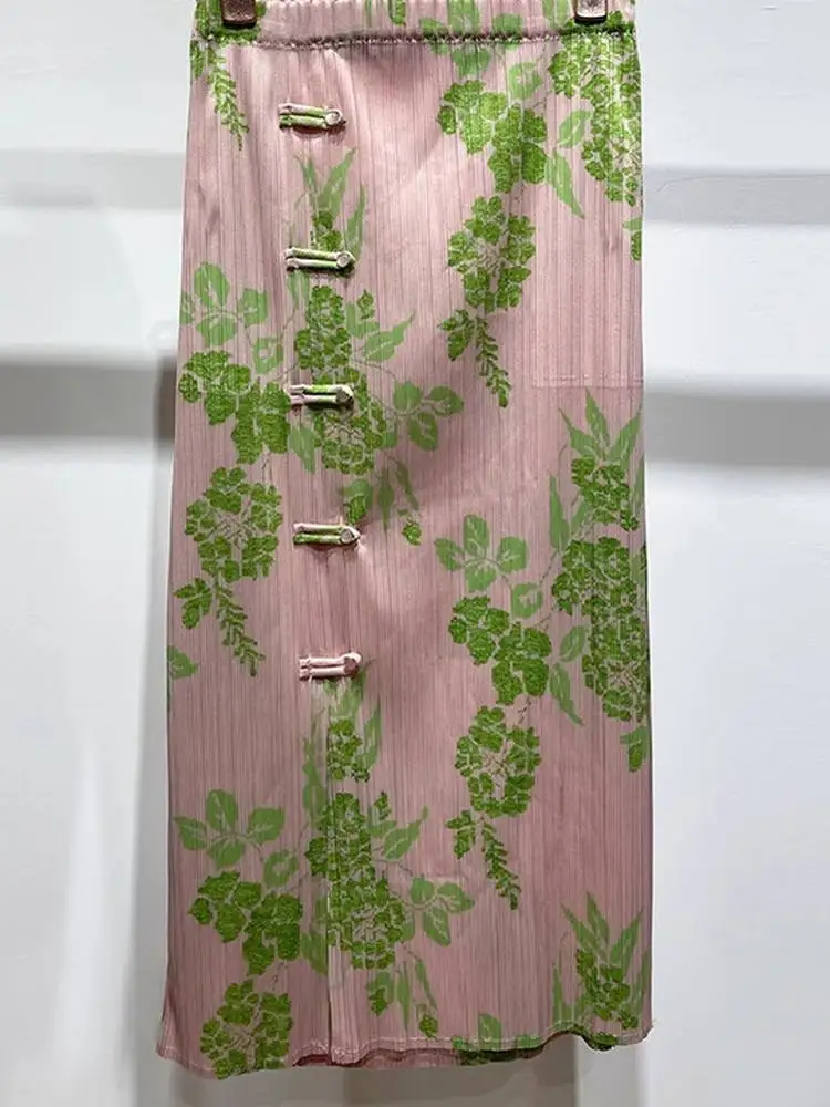 New Chinese Style Pleated Half Skirt Fashionable Print Elegant Commute Long Dress Three Zha Series Women's Apparel Summer Wind