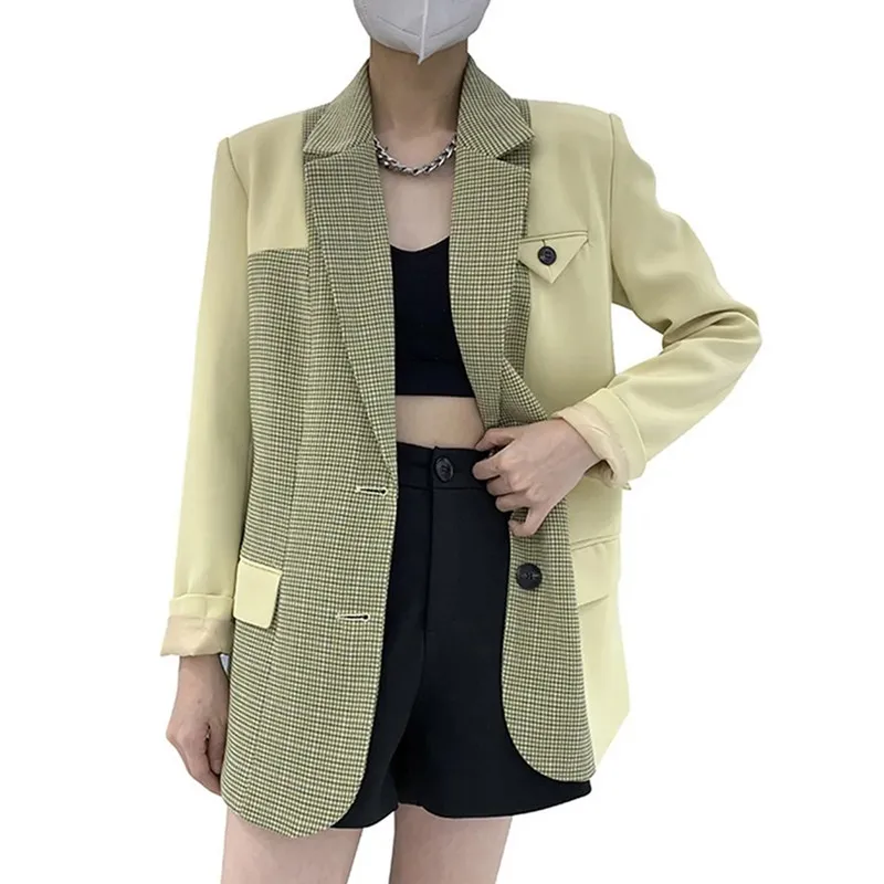 ECR Hit Color Casual Blazers For Women Notched Collar Long Sleeve Patchwork Button Chic Plaid Blazer Female Fashion Clothing New