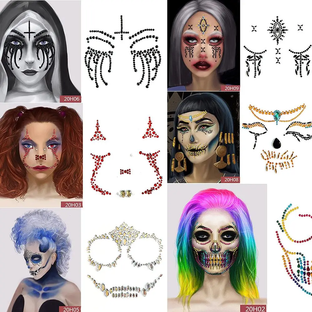 Halloween Face Makeup Sticker Horror Day Of The Dead Skull Face Temporary Tattoo Stickers Ghost Face Funny Crystal Face Decal