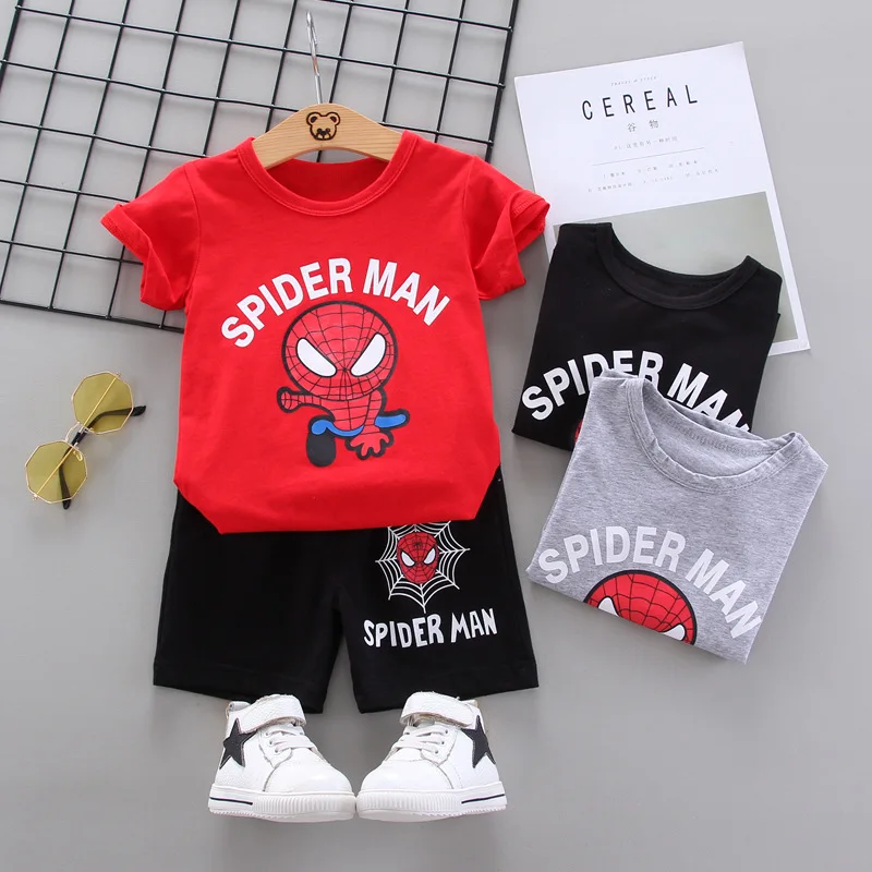 Disney Spider Man Children' Tracksuit Cartoon Fashion Loose Baby Girl Boy Short Sleeve Tshirt + Shorts Two Piece Set Clothes