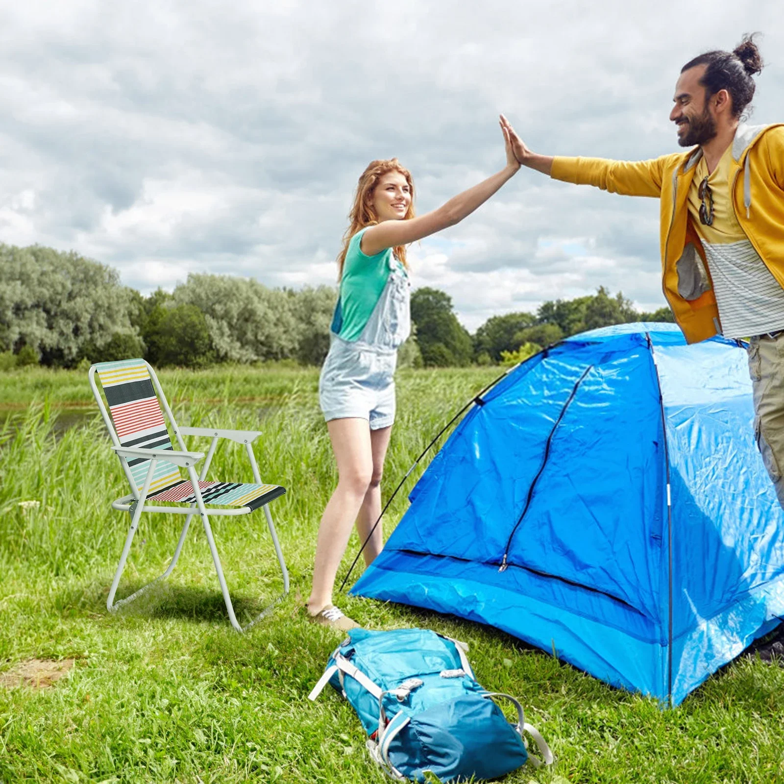 

Легкий пляжный стул с высокой спинкой, портативный складной стул для кемпинга, стул для газона с жестким подлокотником, легко складывается, красочная полоса