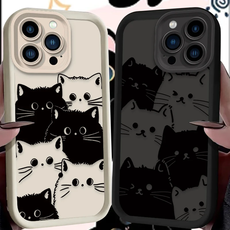 Bonita funda de silicona suave para iPhone, protector de pantalla completa con gato blanco y negro para iPhone 16, 15, 14, 13, 12, 11 Pro Max, X, XS, X, S Max, XR, SE 2020, 7, 8 Plus