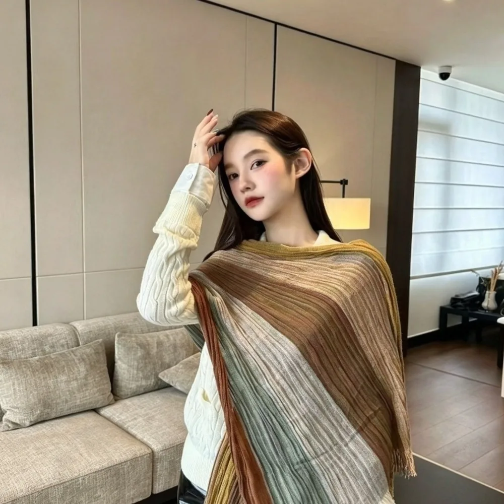 Vintage Color Block Striped Cotton Linen Scarf Polyester Dual-Use Neck Wrap Soft Crinkled Fringe Large Size Neck Warmer Autumn