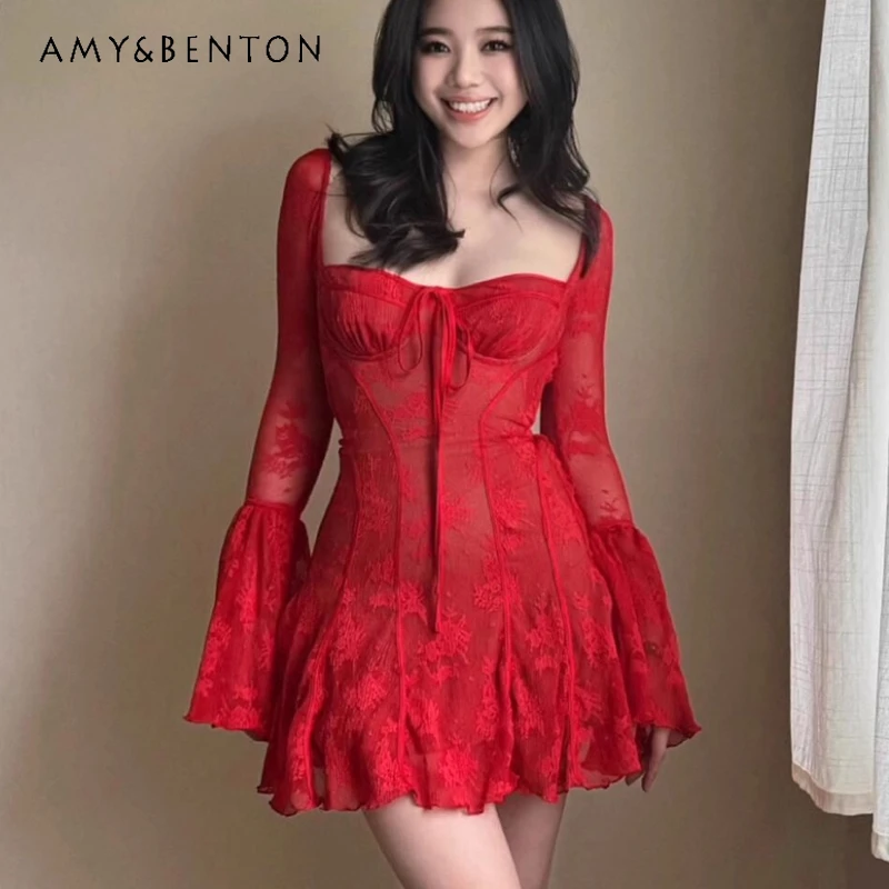 

Vintage Design Women's Clothing 2025 Autumn New Red Sweet Cool Sexy Lace Sheer Square Neck Ruffle Tie Long Sleeve Dresses Ladies