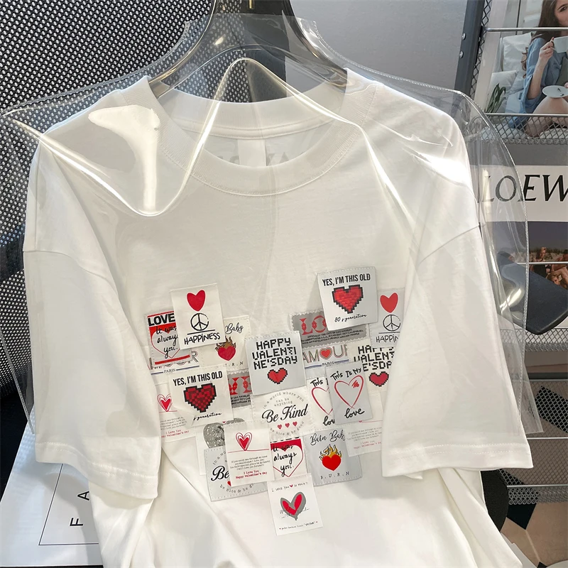 Street Fashion Heart Print T Shirt Women White Tshirt Street Rock Women Tops Hip Hop Tees