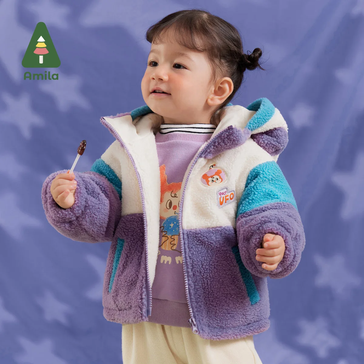 Amila Baby Children Coat 2024 Winter New Multicolour Hooded Warm Cosmic Theme Cartoon Pattern  Baby Clothing