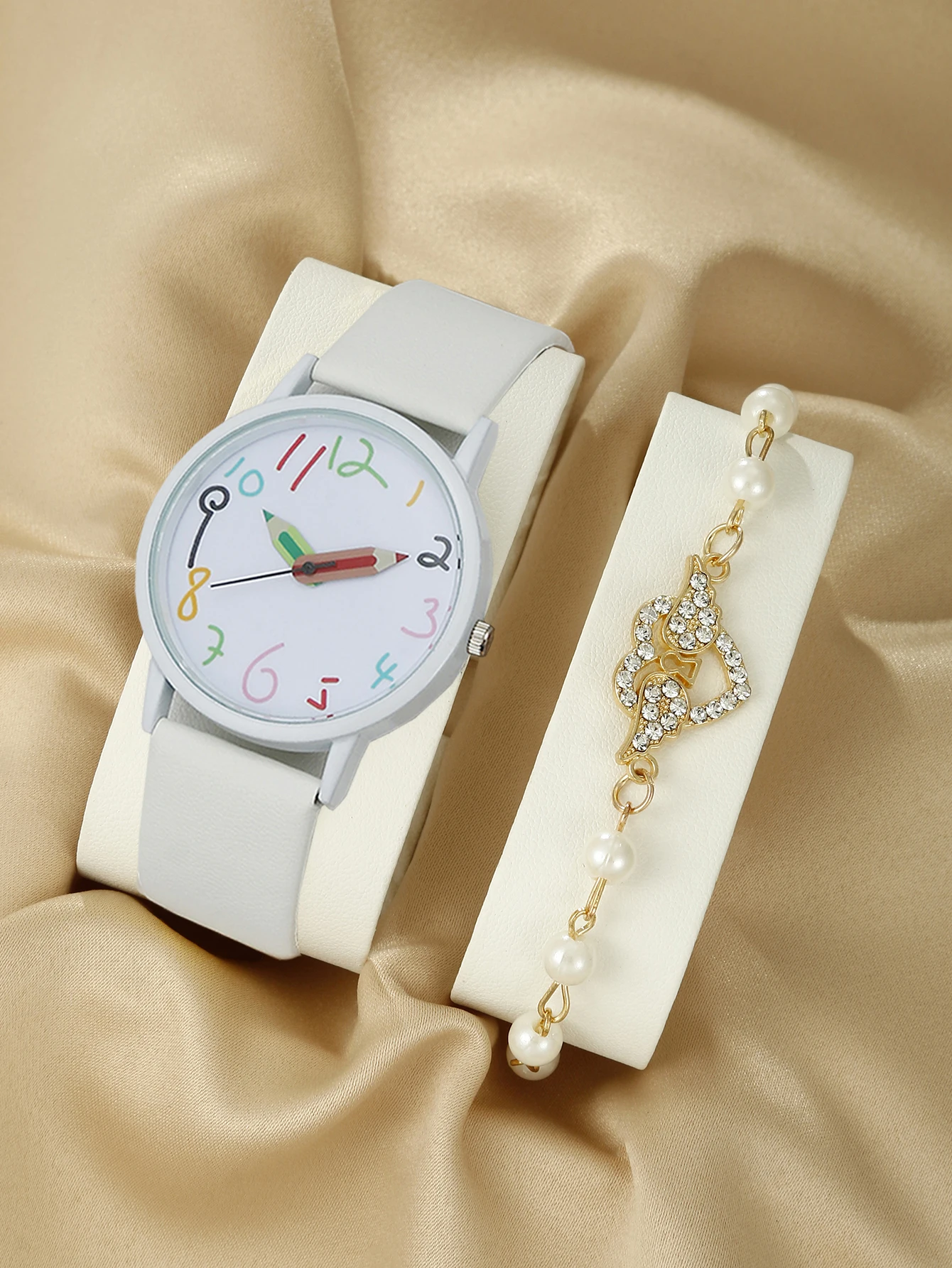 Women's Korean minimalist quartz watch+1 pearl bracelet