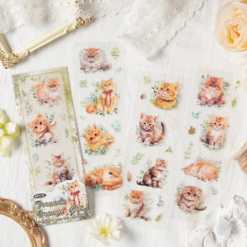 Cute Kitten Meeting Sticker Pack for Handmade Journals, Waterproof Die-Cut Decals, Cross-Border Craft Material