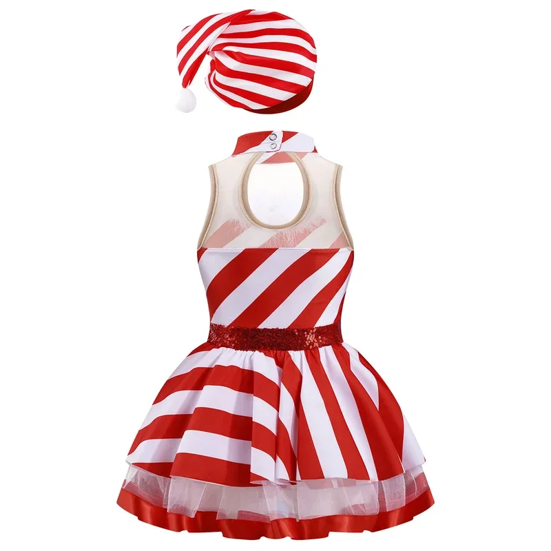 Kids Girls Christmas Elf Costume Sequins Striped Tutu Dance Dress Figure Skating Dress with Santa Hat Party Candy Cane Cosplay