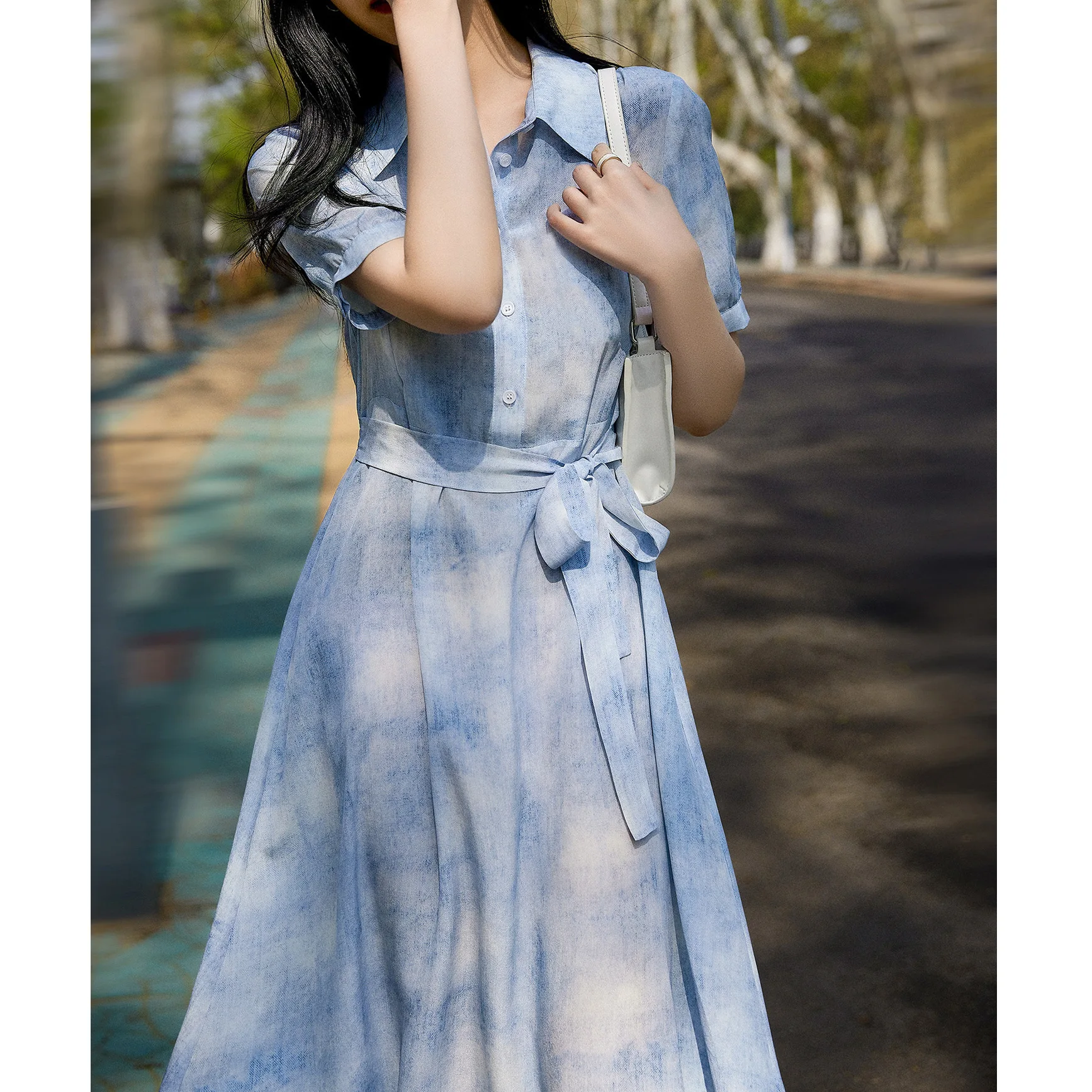 Camisa de seda pesada de alta qualidade saia longa vestido azul tingido com gravata francesa verão feminino