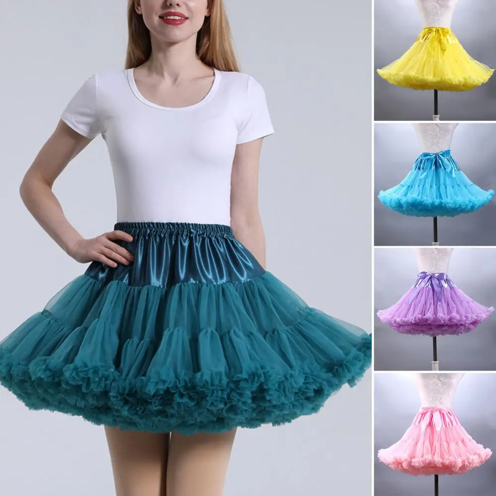 1Pc Comfy Women Skirt Solid Color Puffy Layered Ladies Skirt Elastic Waist Patchwork Cosplay Short Pleated Tulle Skirt for Party