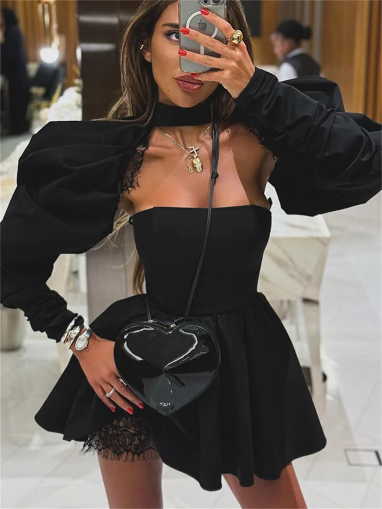 

Tossy Black Lace Bandeau Mini Dress Women's Long Sleeve Patchwork Backless Fashion Skinny Party Dress Female Bodycon Dress 2024