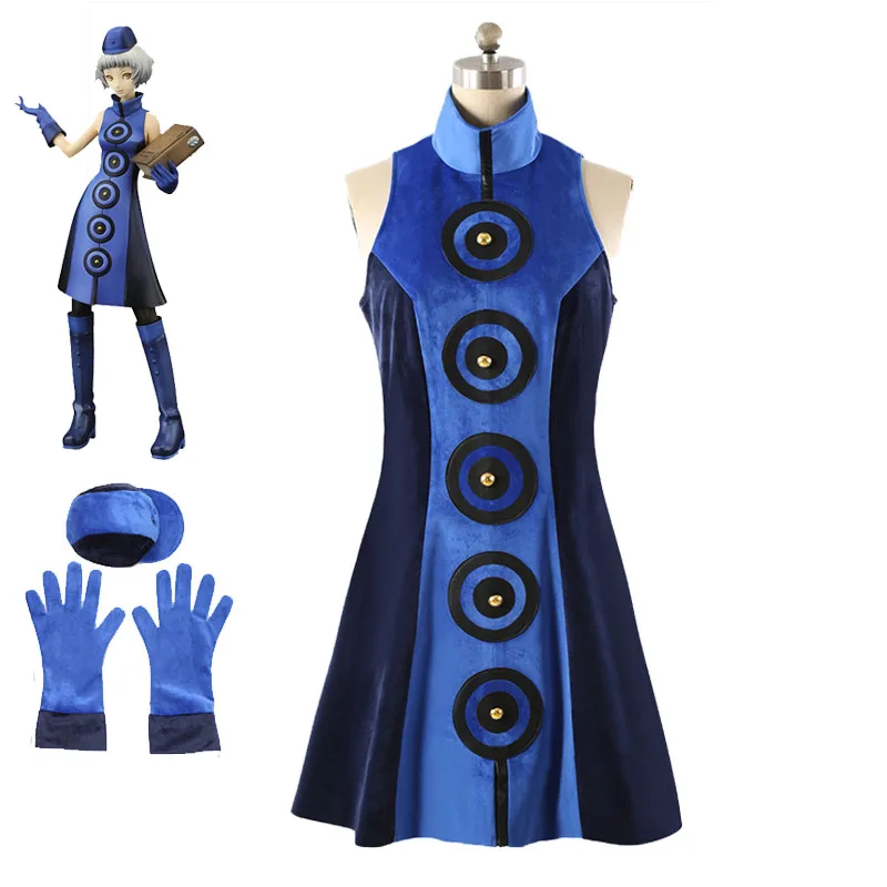 

Anime Game PERSONA3 Elizabeth Cosplay Costumes Adult Women Blue Sexy Dress Gloves Hat Suit Halloween Carnival Role play Clothes