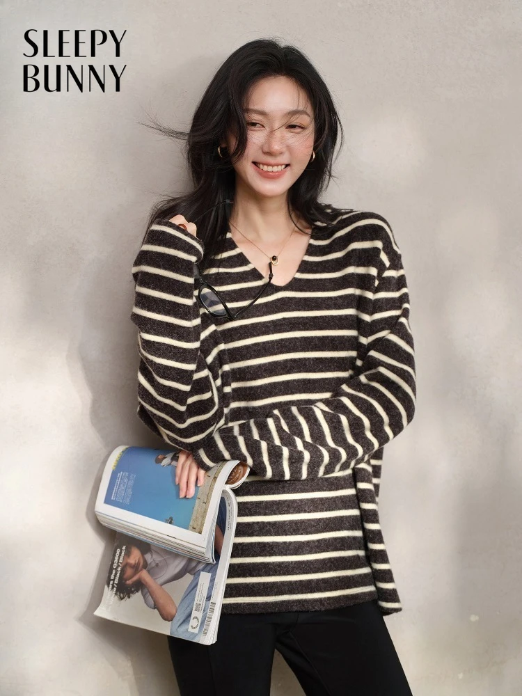 

Women Striped Hooded Fleece T Shirt Spring Loose Casual Layering Top Oversized Minimal Style Pullover Streetwear Soft for Lady