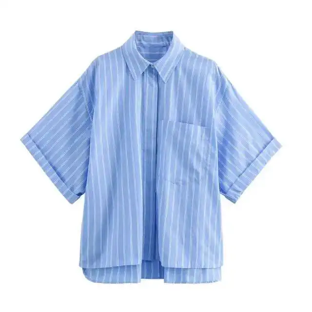 

New Women Summer Casual Short-Sleeved Lapel Single-Breasted Blouse Woman Elegant Pocket Decoration Slim Shirt