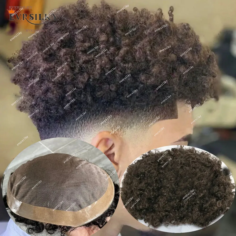 

8mm Afro Toupee Man Weave Unit Black Brown Mens Kinky Curly 100% Human Hair African American Toupee for Men Mono Lace &PU Around