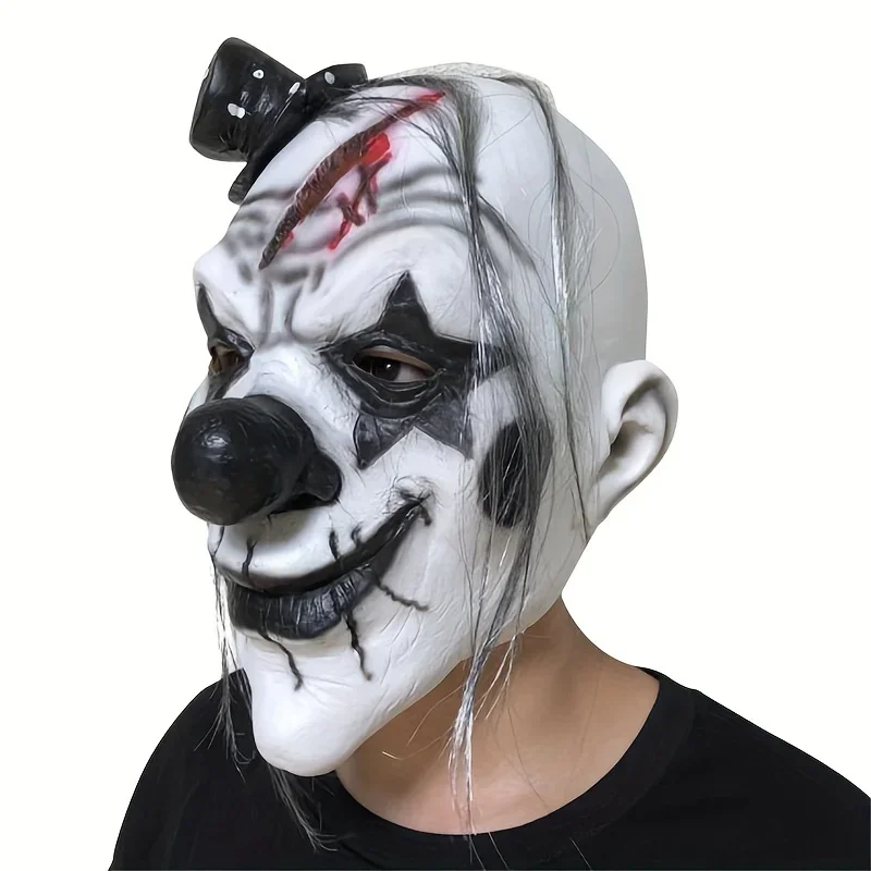 Synthetic Latex Realistic Horror Black Clown Mask, Bloody Headgear With Wig Prank Prop Dress  Halloween Christmas Cosplay