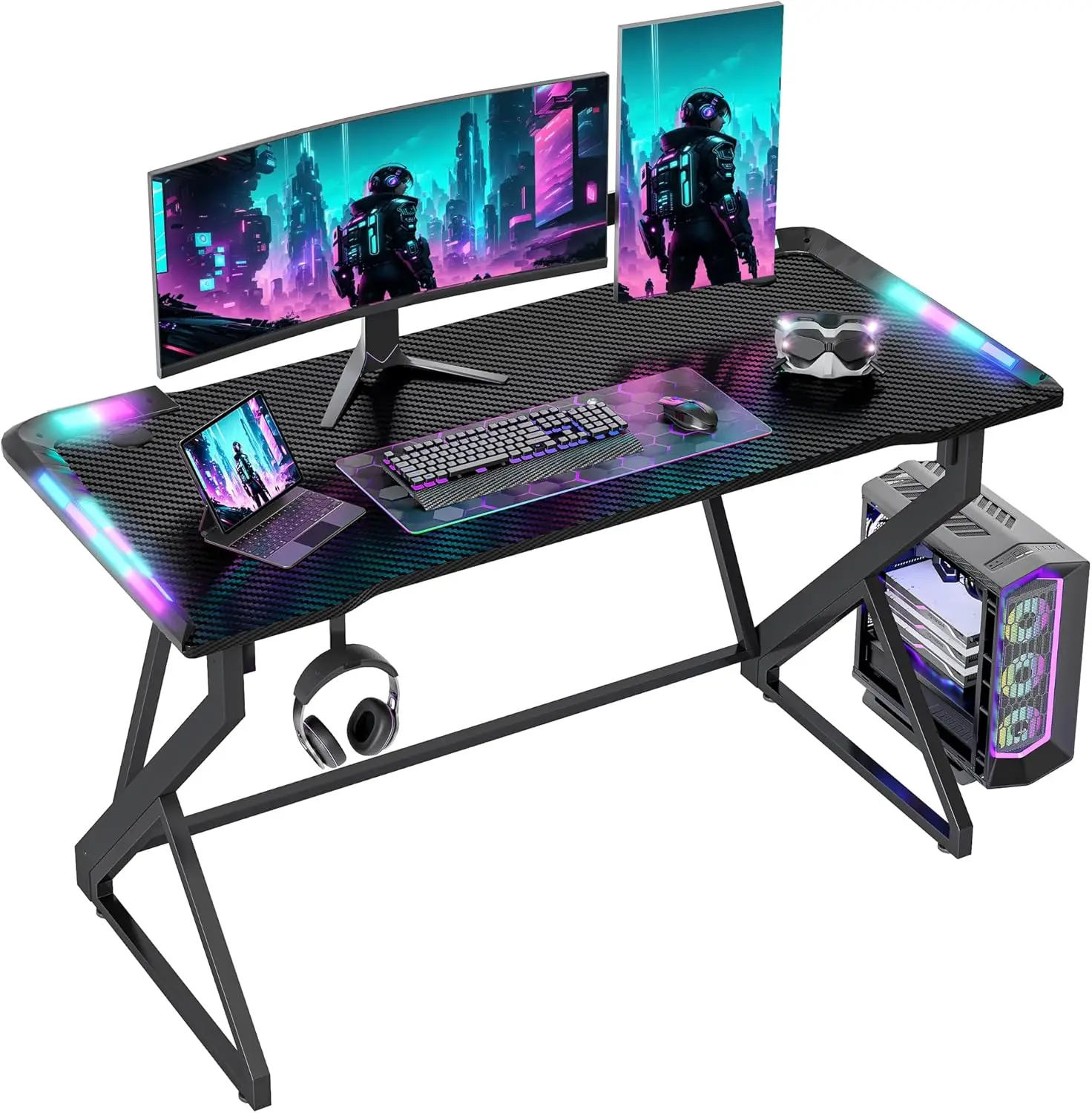 Gaming Desk with LED Lights, 47 Inch Computer Desk for Home Office, Carbon Fiber Surface PC Gamer Table, Sturdy Z-Shaped Legs