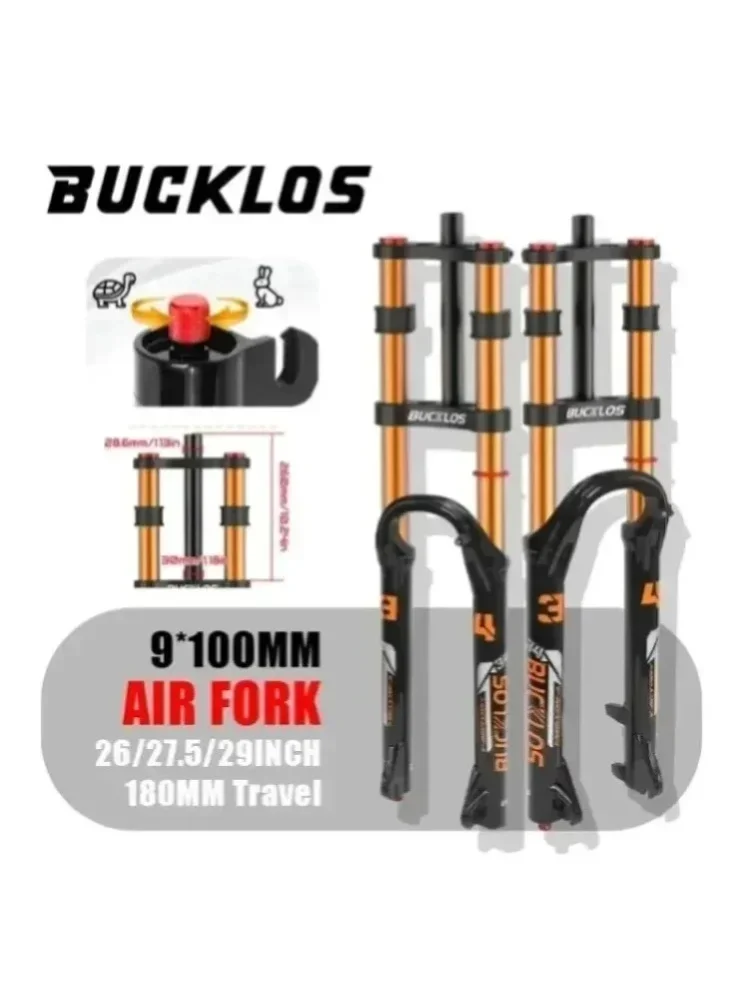 BUCKLOS Fahrrad-Doppelkronen-Luftgabel 26 Zoll 27,5 Zoll 29 Zoll 9*100mm Schnellspanner MTB Fahrrad-Luftfederungsgabel 180mm Federweg Mountainbike-Gabel