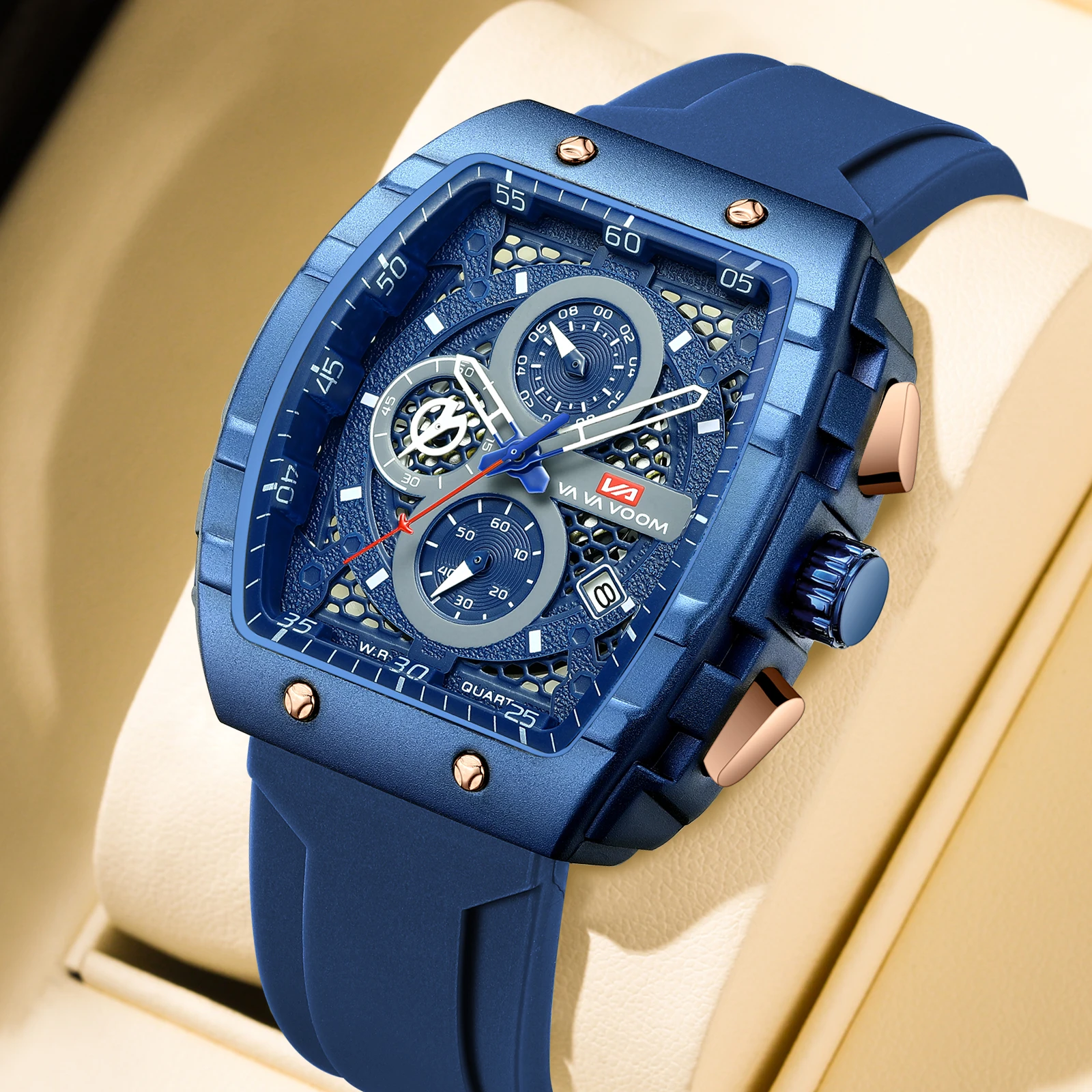 VA VA VOOM Tonneau Multifunctional Quartz Watches Men Frosted Case Texture Top Brand Luxury Sports Chronograph AAA Watch Men