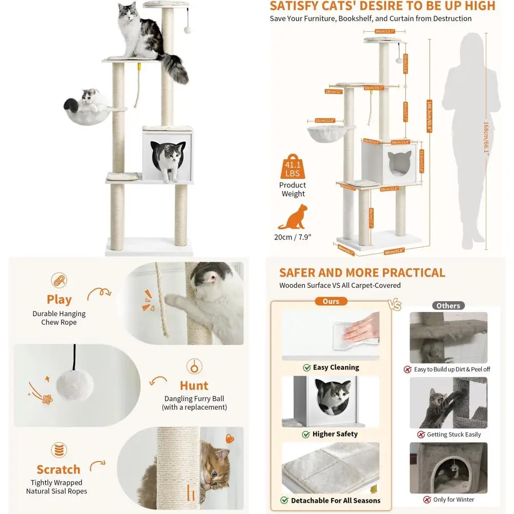 

Современная кошачья башня для дома, высота 65, с гамаком, когтеточкой и съемными подушками