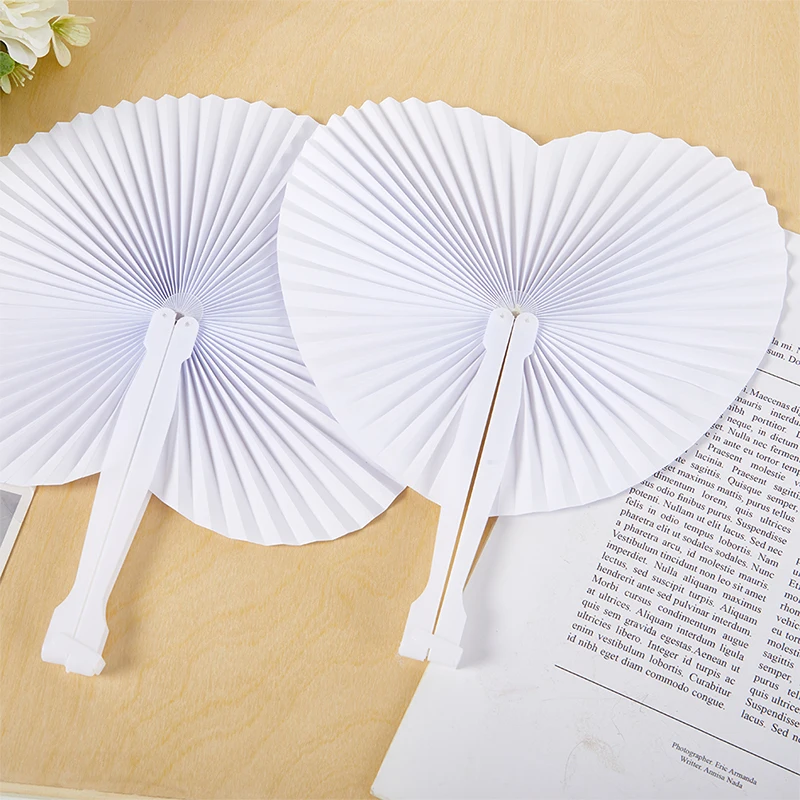 White Folding Paper Fans Heart Shaped Assortment with Plastic Handle for DIY Wedding Favor Party Bag Filler