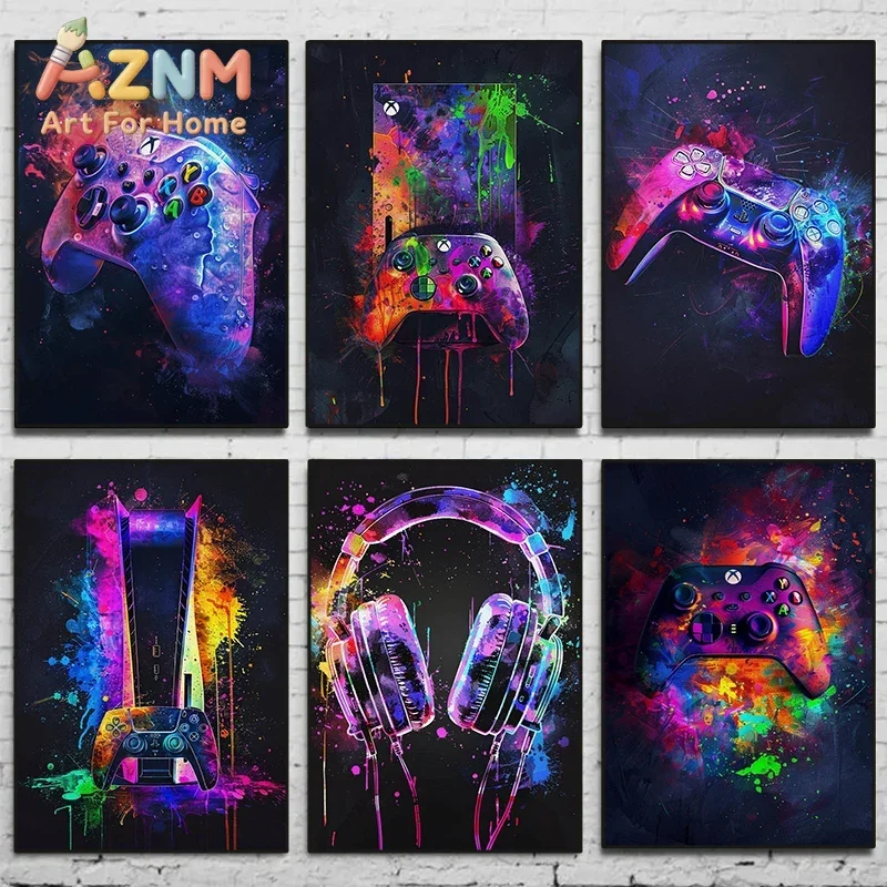 Watercolor Neon Video Game Posters XBOX Prints GamePad Headset Canvas Painting Gaming Wall Art Boys Gamer Room Home Decor