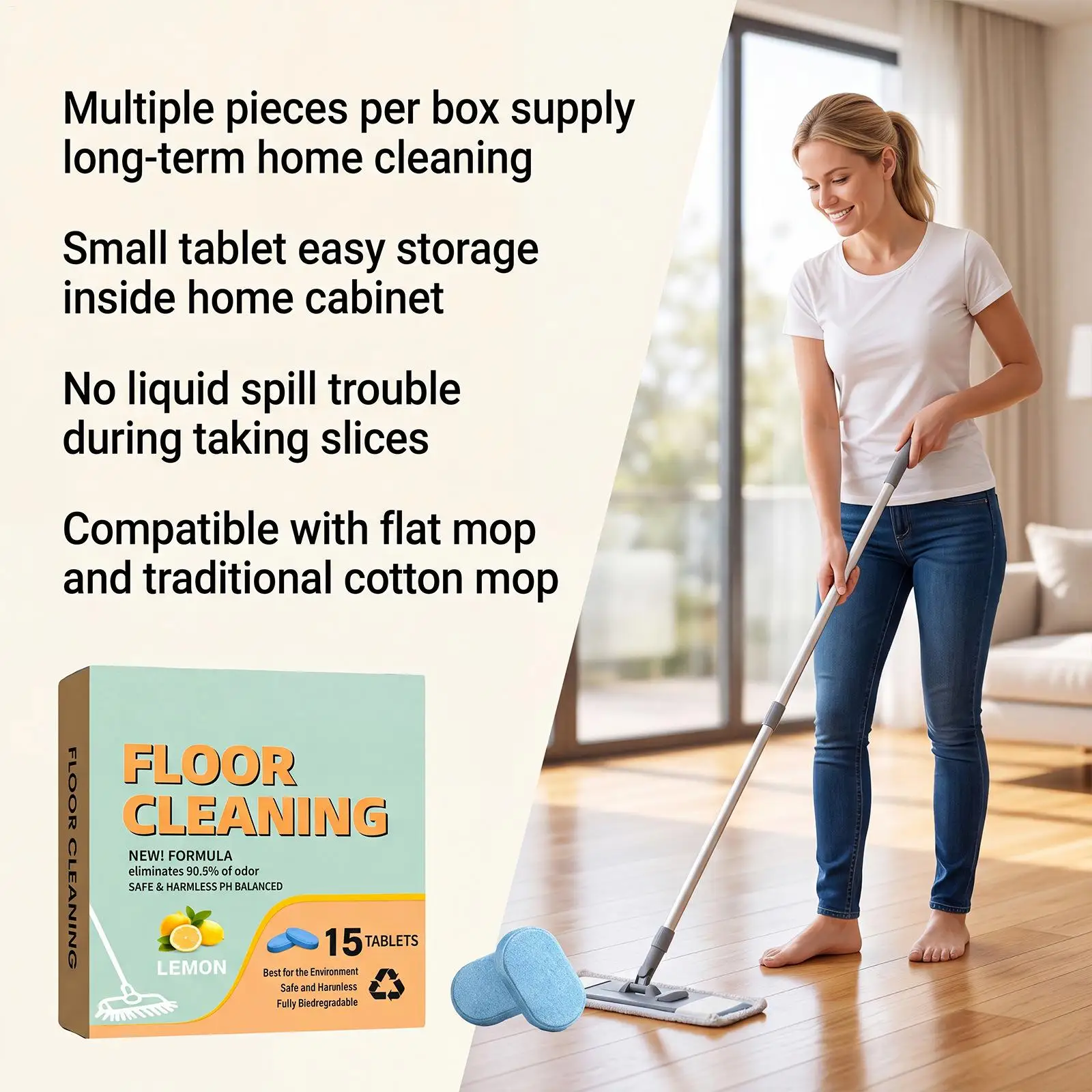 Lemon Floor Cleaning Tablets 15 Count Fast Dissolving Mop Cleaner Pet Safe Non Sticky for Tile Wood Laminate Marble Home Kitchen
