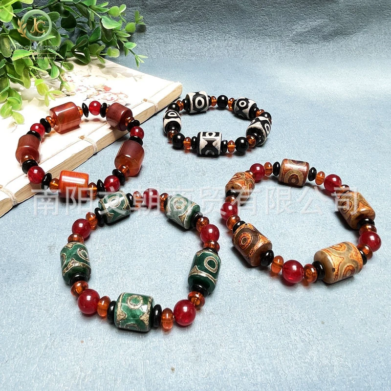 Wholesale three-eye Dzi bead agate bracelet, barrel beads, street stall live streaming supply, men's and women's bracelet, Lu Lu