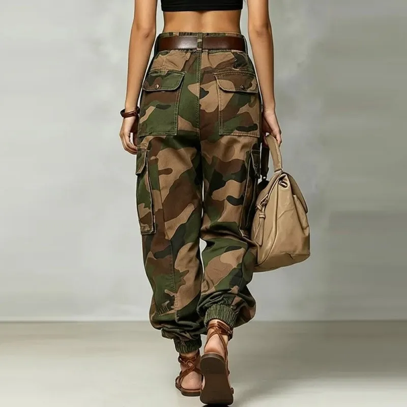 Casual Camouflage Work Pants Loose Wide Leg Street Style High Waist Zipper Cotton Printed Trousers for Women Summer Collection