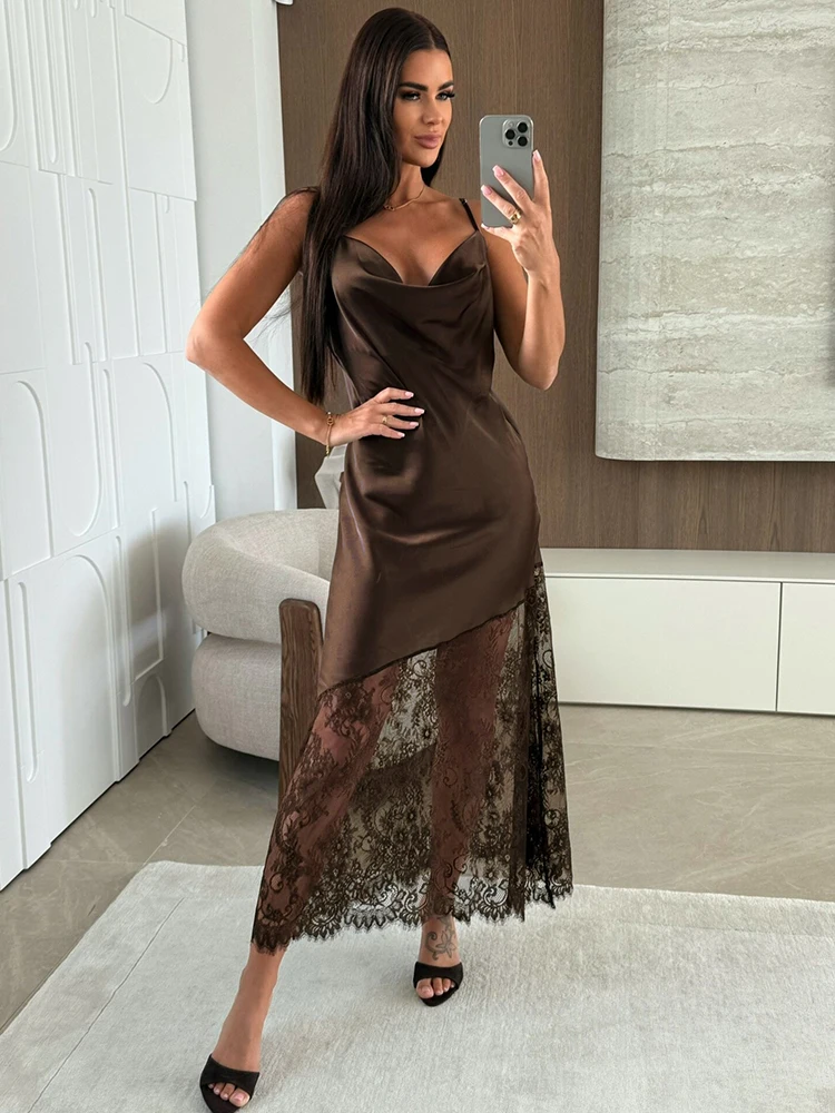 

Trendix Hollow Out Lace Dress Women 2025 Winter Sexy V Neck Sleeveless Spaghetti Strap Dresses Party Club Elegant Evening Dress