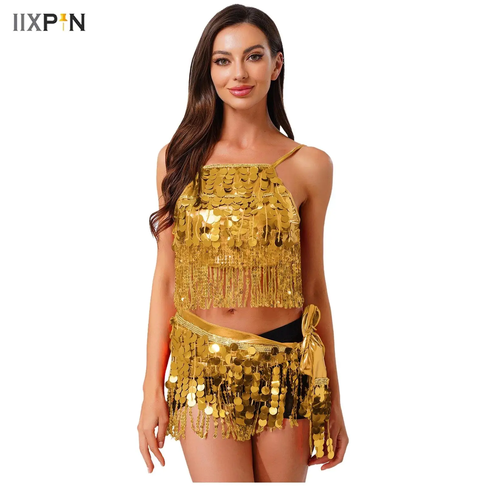 

Women’s Belly Dance Outfit Metallic Shiny Sequin Tassel Fringe Backless Sling Crop Top and Lace-up Hip Scarf Waist Chain Skirt