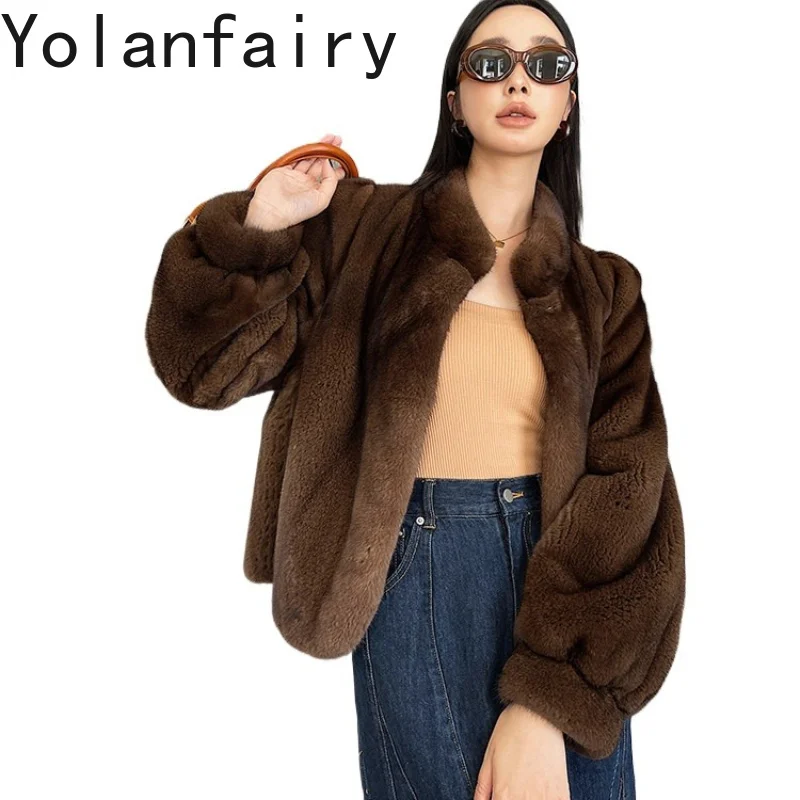 YOLANFAIRY Whole Mink Real Fur Coat Woman Luxury Winter Short Velvet-grade Natural Mink Fur Jacket Stand Collar Women Clothing